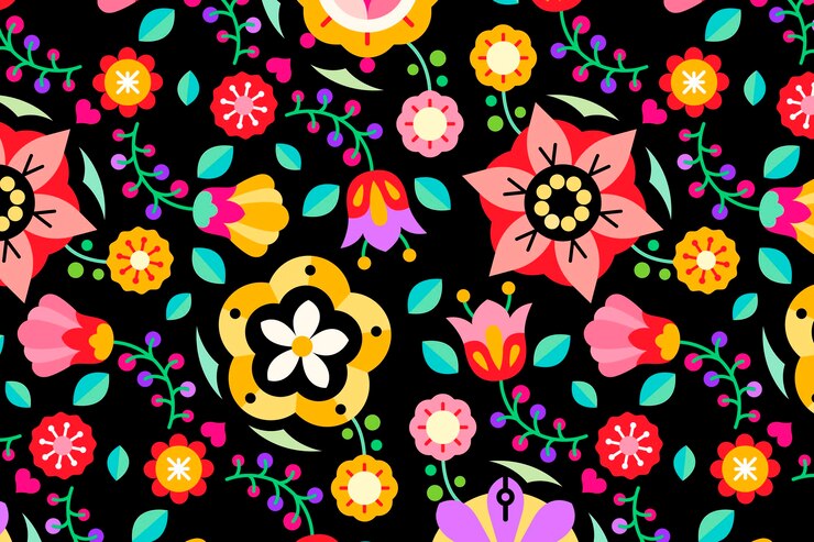 Vetor grátis floresce arte folclórica padronizada em fundo preto