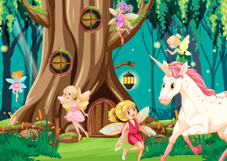 Vetor grátis floresta de fantasia com fadas fofas.