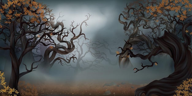 Floresta de fantasia de outono assustadora de halloween em ilustração realista de fundo de nevoeiro.