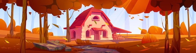 Floresta de outono com casa de pedra na clareira