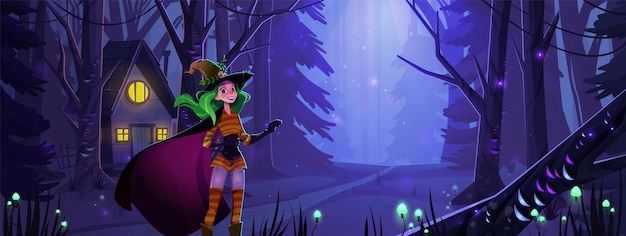 Vetor grátis floresta mágica à noite com menina e casa vetor paisagem fundo escuro fantasia conto de fadas ambiente de halloween com cabana nevoeiro e feliz mistério feiticeiro mulher flor mística verde perto do design da estrada