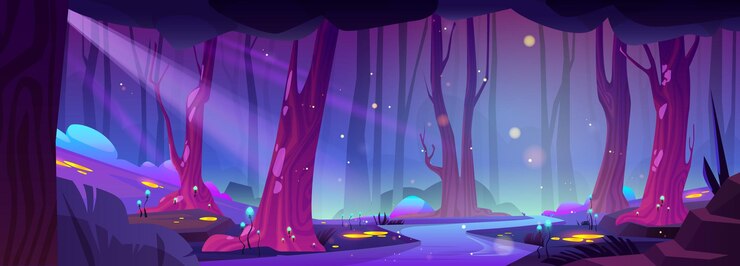 Vetor grátis floresta noturna de conto de fadas com vaga-lumes amarelos do rio e cogumelos neon brilhando na escuridão vetor cartoon ilustração de água fluindo na floresta escura luar feixes luzes mágicas voando no ar