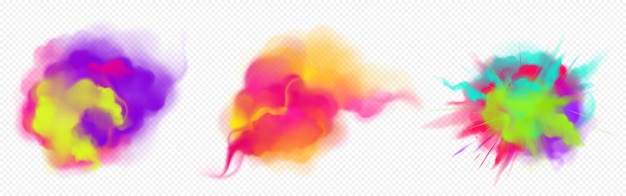 Fluxo de fumaça colorida e explosão de pó de tinta isoladas em branco