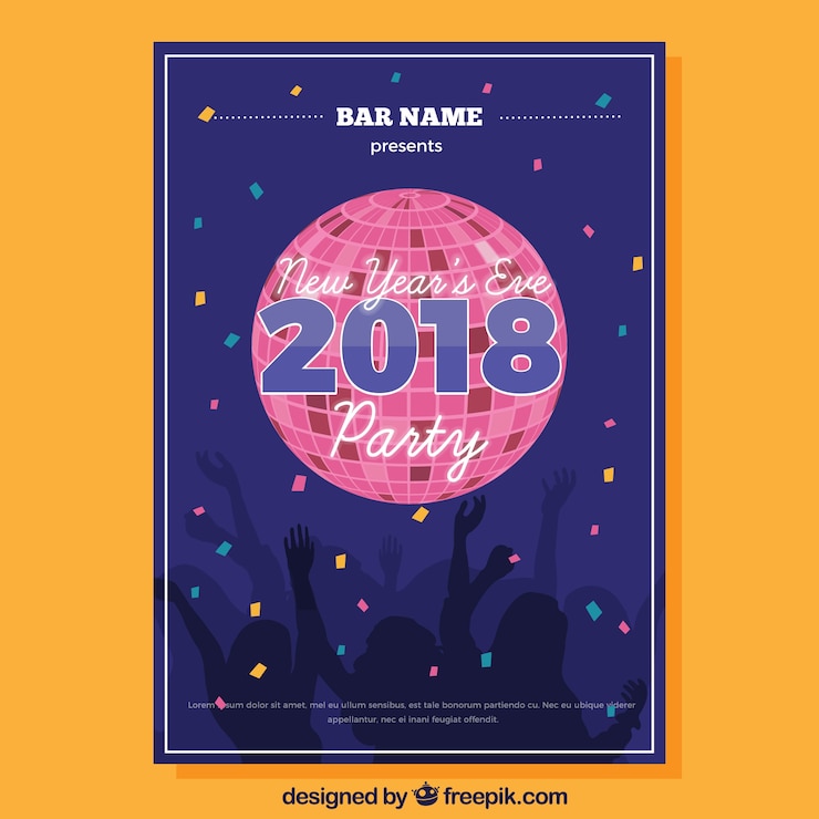 Vetor grátis flyer para festa de ano novo com bola de discoteca