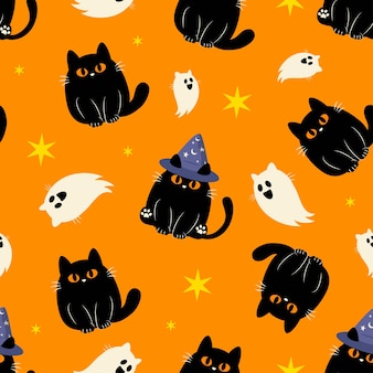 Fofo halloween gato preto fofo sem costura padrão fundo vector design