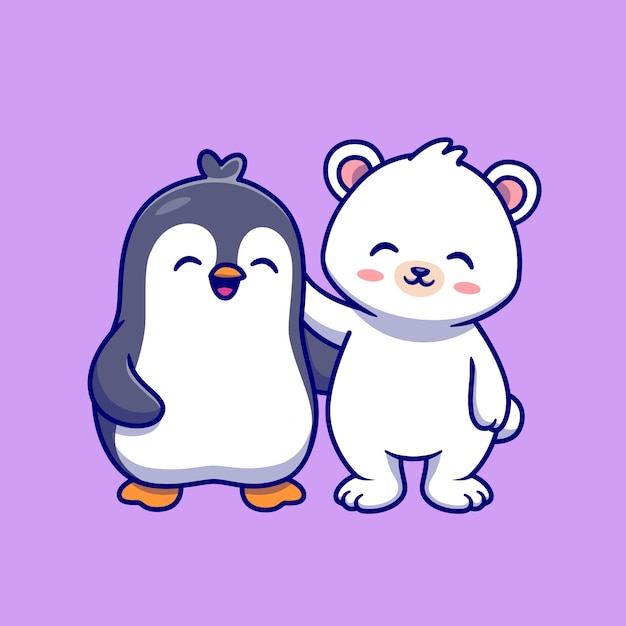 Vetor grátis fofo urso polar com ilustração de ícone de vetor de desenho animado de pinguim. conceito de ícone de natureza animal isolado vetor premium. estilo flat cartoon