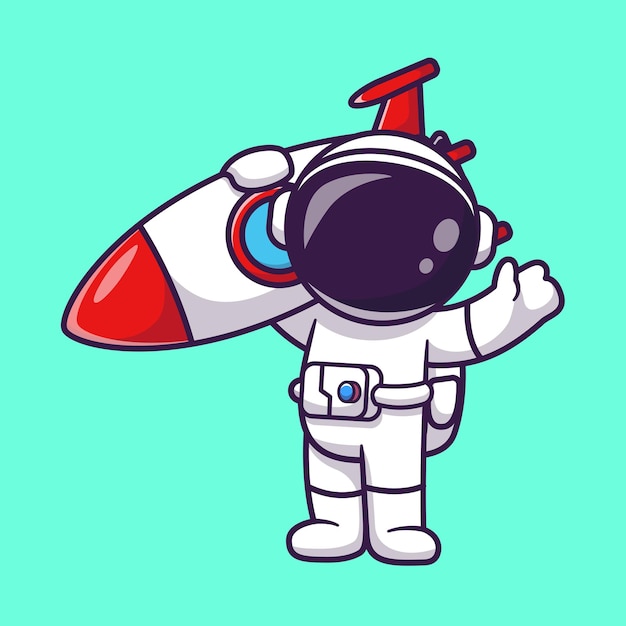 Foguete de levantamento de astronauta bonito e ilustração de ícone de vetor de desenhos animados de mão acenando. tecnologia científica