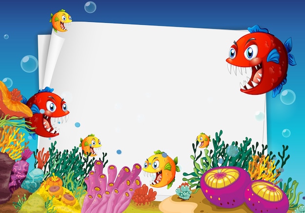 Folha de papel em branco com o personagem de desenho animado de peixes exóticos na cena subaquática