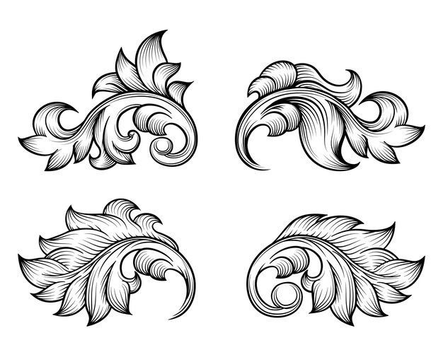 Folha de pergaminho barroco vintage definida em elemento de estilo de gravura, decoração ornamentada, floral filigrana.