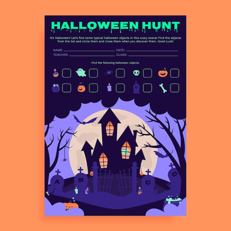 Vetor grátis folha de trabalho criativa de caça ao tesouro de halloween