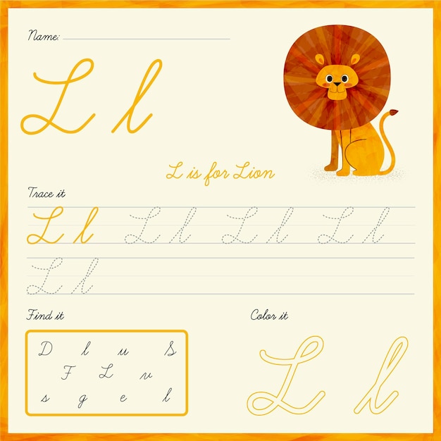 Vetor grátis folha de trabalho da letra l com ilustração de leão
