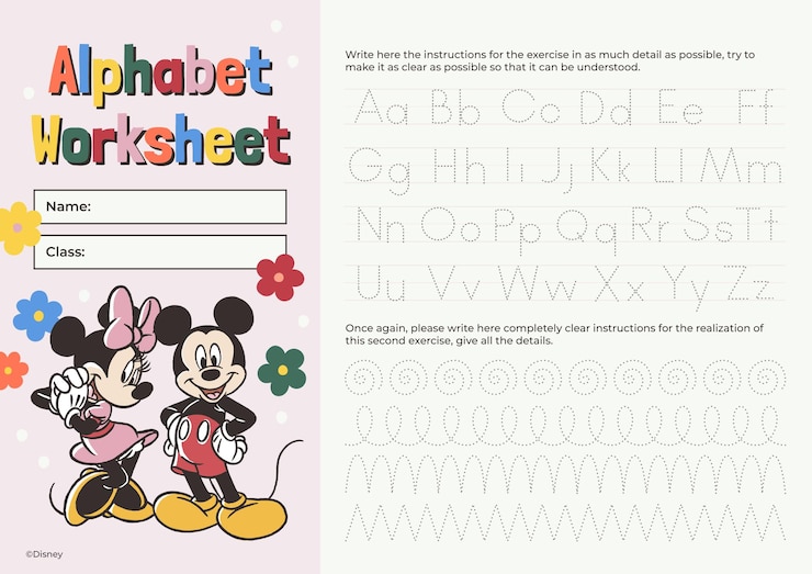 Vetor grátis folha de trabalho de alfabeto do mickey e minnie mouse