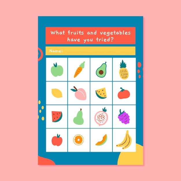 Vetor grátis folha de trabalho de bingo de comida colorida