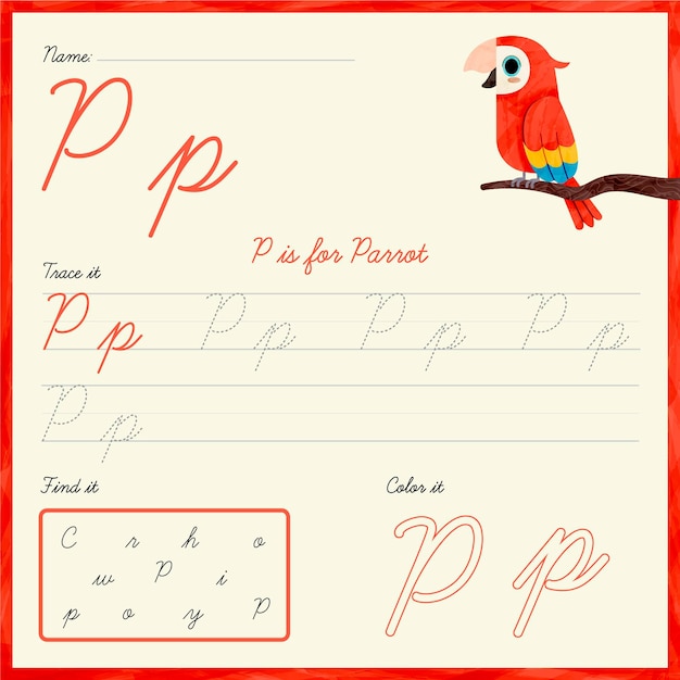 Folha de trabalho letra p com papagaio