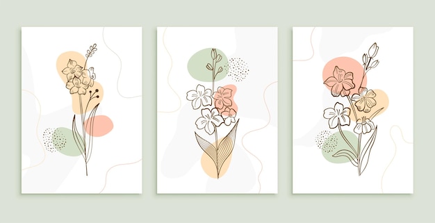 Vetor grátis folhas botânicas estilo doodle e pôster de flores em conjunto