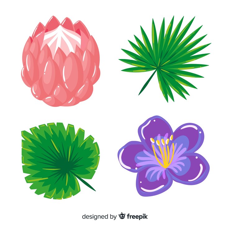 Vetor grátis folhas e flores tropicais