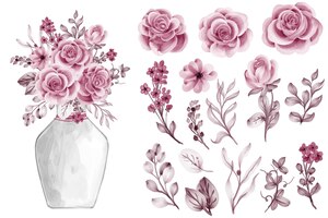 Folhas em aquarela com clip-art isolado em ouro rosa rosa