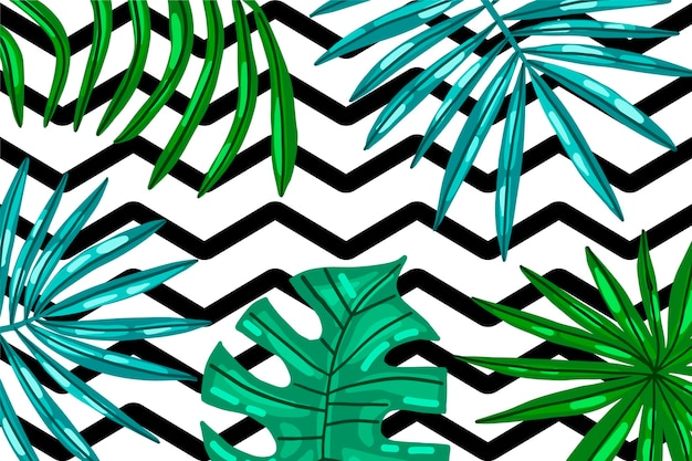 Folhas tropicais com fundo geométrico.