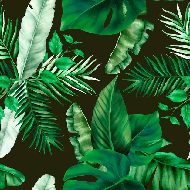 Folhas tropicais verdes elegantes sem costura padrão de aquarela