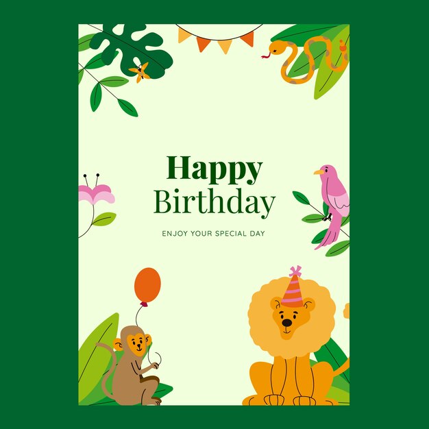 Folheto de aniversário de animal de selva de design plano