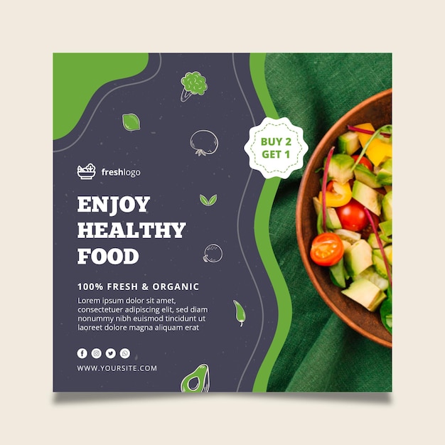 Vetor grátis folheto de comida bio e saudável com foto