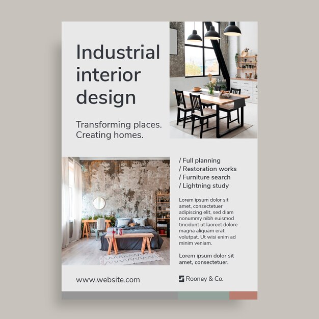 Folheto de design de interiores industrial minimalista