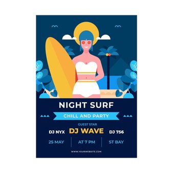 Folheto de festa de noite de verão de design plano