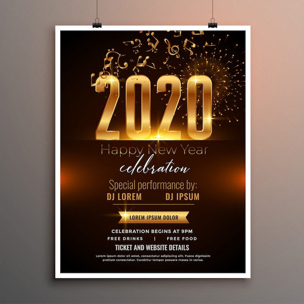 Vetor grátis folheto de festa musical de celebração de ano novo de 2020 ou cartaz