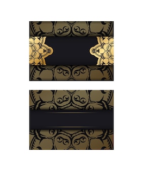 Folheto de saudação em preto com ornamentos de ouro grego para seu projeto.