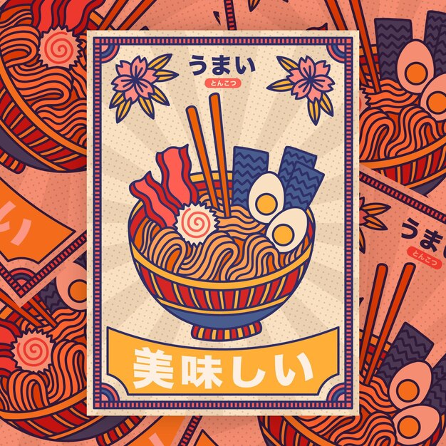 Folheto de udon desenhado à mão com sopa de ramen