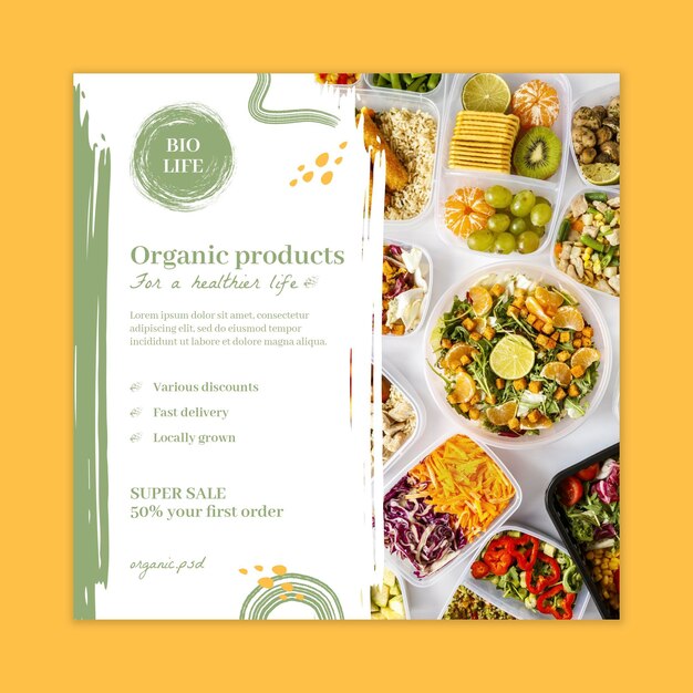 Folheto quadrado de alimentos bio e saudáveis