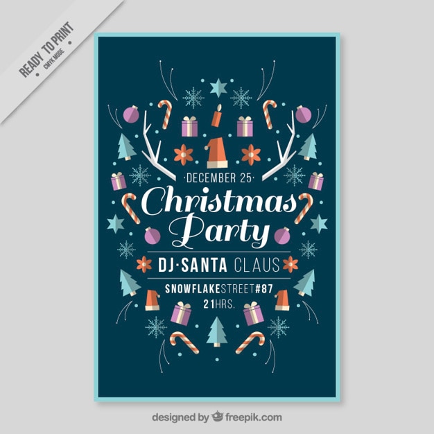 Vetor grátis folheto retro elegante para a festa de natal com elementos de design plano