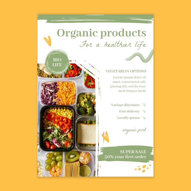 Folheto vertical de alimentos bio e saudáveis