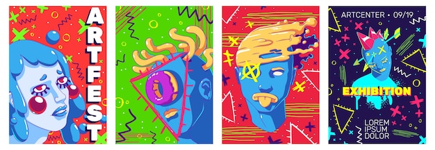 Folhetos de exposição de arte com retratos contemporâneos