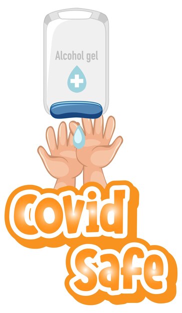 Fonte covid safe em estilo cartoon com as mãos usando álcool gel isolado no fundo branco