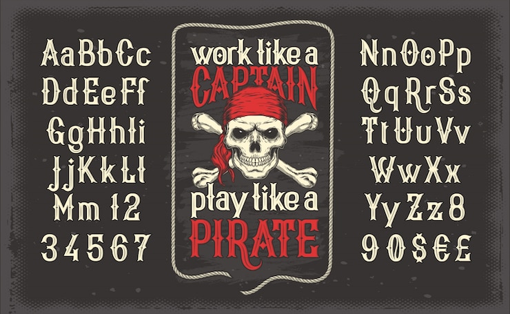 Vetor grátis fonte de estilo vintage branco, o alfabeto latino com impressão pirata retro com crânio e crossbones