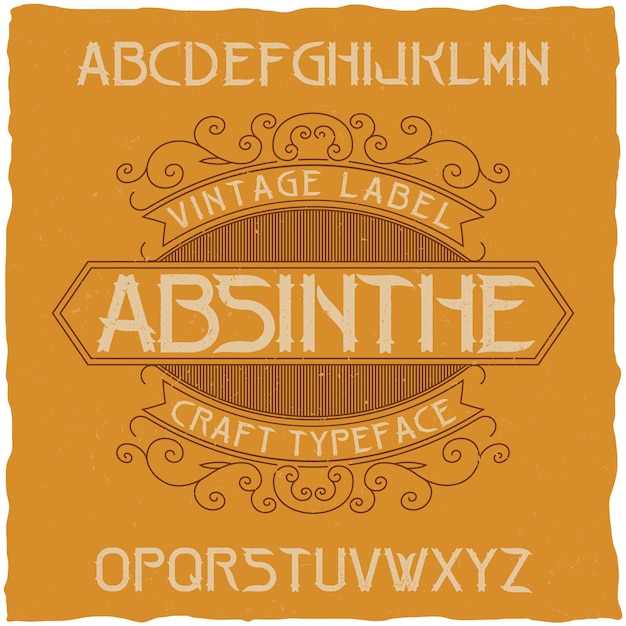 Vetor grátis fonte de etiqueta de absinto e design de etiqueta de amostra com decoração.