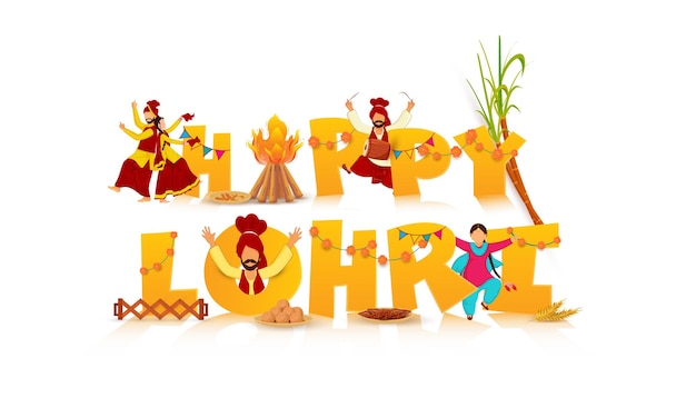 Fonte de lohri feliz amarela com fogueira, cana-de-açúcar, instrumento musical, pratos doces, orelha de trigo e pessoas punjabi fazendo bhangra em fundo branco.