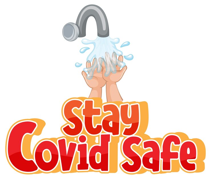 Vetor grátis fonte stay covid safe em estilo cartoon com lavagem das mãos em torneira de água isolada no fundo branco