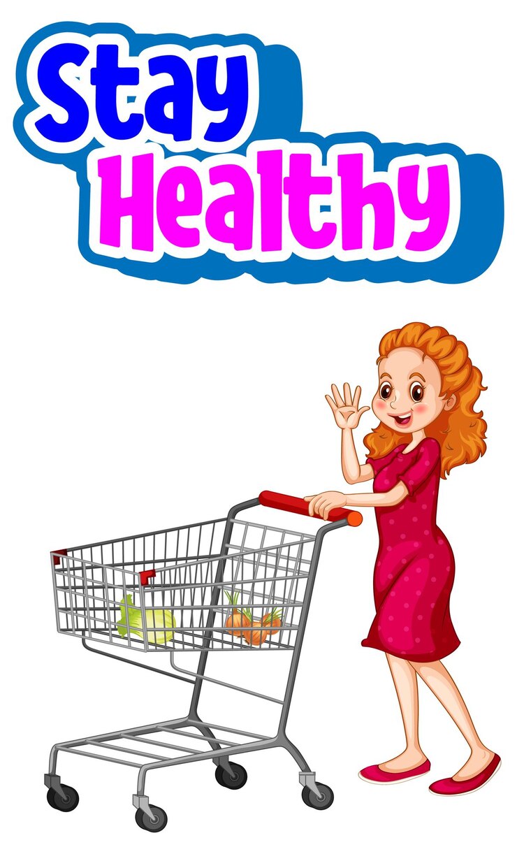 Vetor grátis fonte stay healthy com uma mulher em pé com carrinho de compras isolado