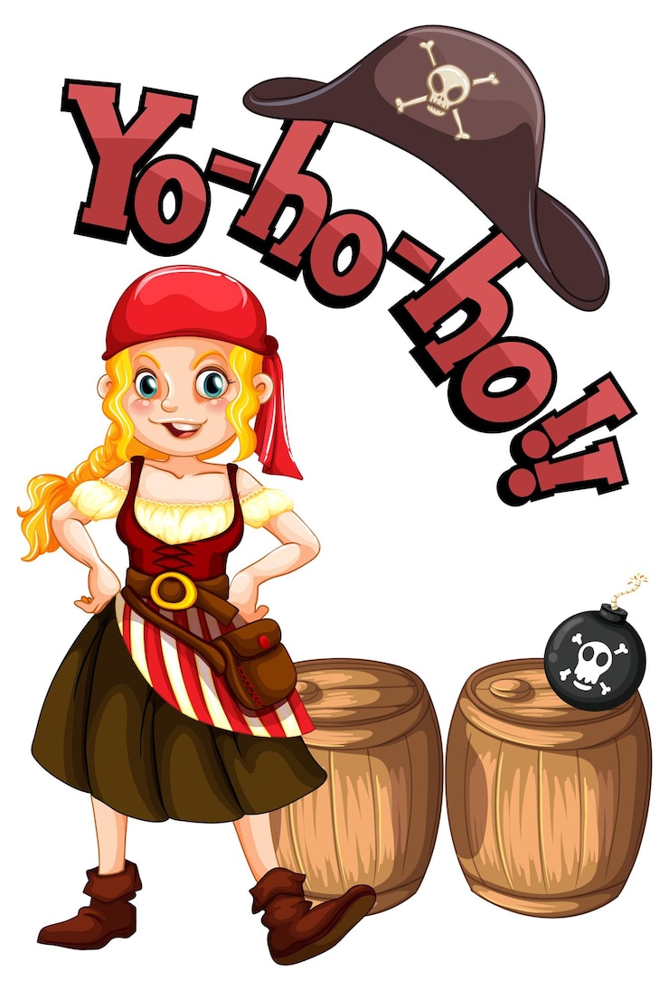Vetor grátis fonte yo ho ho com um personagem de desenho animado de uma garota pirata