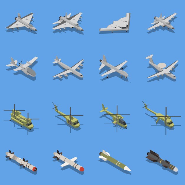 Forças aéreas militares conjunto isométrico com míssil balístico intercontinental bombardeiro furtivo caça helicóptero de ataque ilustração vetorial