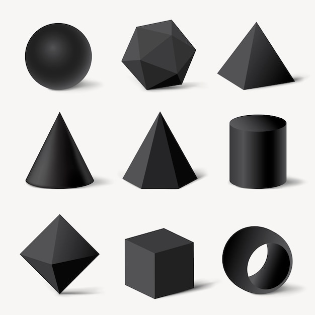 Vetor grátis formas geométricas renderizadas em 3d, conjunto de vetores minimalistas de elementos pretos