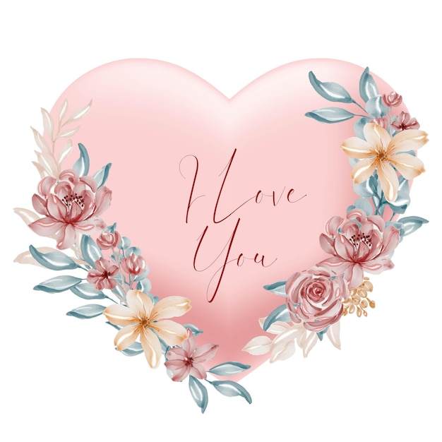 Formato de coração de pêssego dos namorados, eu te amo, palavras com flores e folhas em aquarela