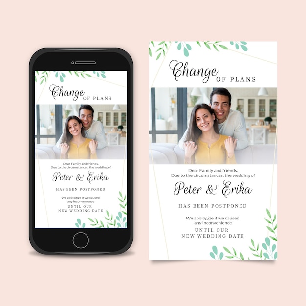 Formato de tela de smartphone adiado para anúncio de casamento