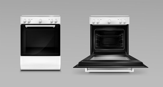 Forno, eletrodomésticos de cozinha, fogão aberto ou fechado de cor branca vista frontal.