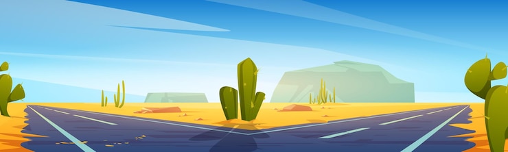 Vetor grátis forquilha de estrada no deserto com areia e cactos, direções de estrada vazias. escolha entre duas maneiras, conceito de destino de viagem. paisagem com caminho e rochas, problema de escolha, ilustração vetorial dos desenhos animados