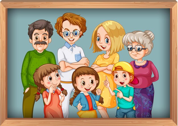 Foto de família grande e feliz em moldura de madeira