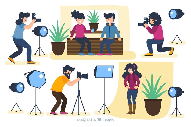 Fotógrafos ilustrados tirando fotos com coleção de diferentes modelos