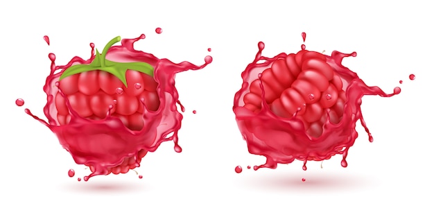 Vetor grátis framboesas maduras realistas 3d em espirrar suco vermelho. comida doce com salpicos, gotas isoladas